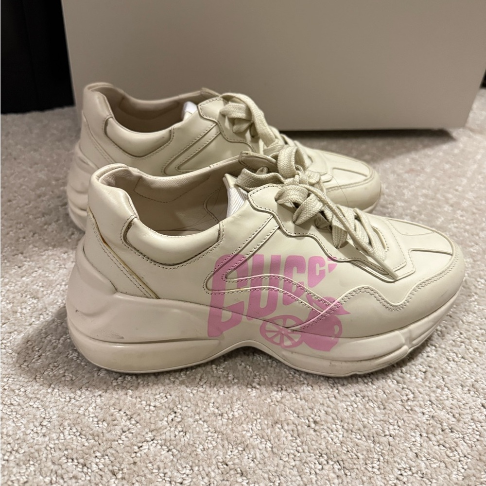 Gucci Women's Rhyton 'Lemon Pink' sneakers in ivory leather.